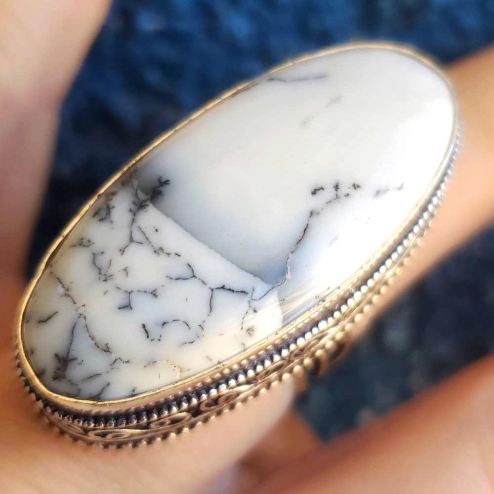 New Oversized Dendritic Opal 925 Silver Statement Ring.